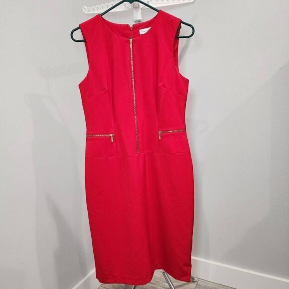 Calvin Klein Red Sheath Dress Zipper Front Sleeveless Size 6 Polyester Stretch - Picture 1 of 7